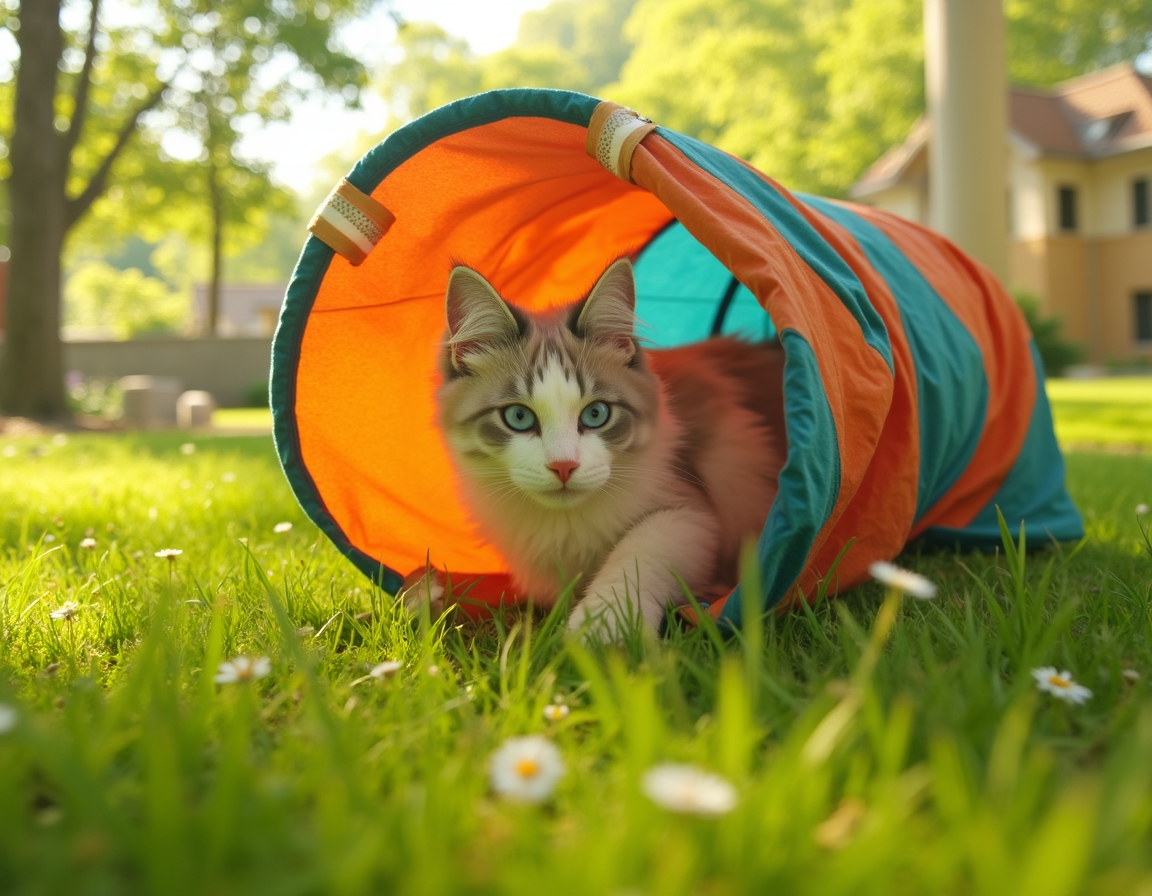 Cat explores a colorful play tunnel in a lively garden, its curious expression capturing the playful moment.